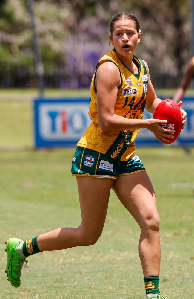 Paula Pavic playing for St Mary's as the side stormed to a win against the Darwin Buffaloes in Round 18 of the 2023-24 NTFL season. Picture: Celina Whan / AFLNT Media