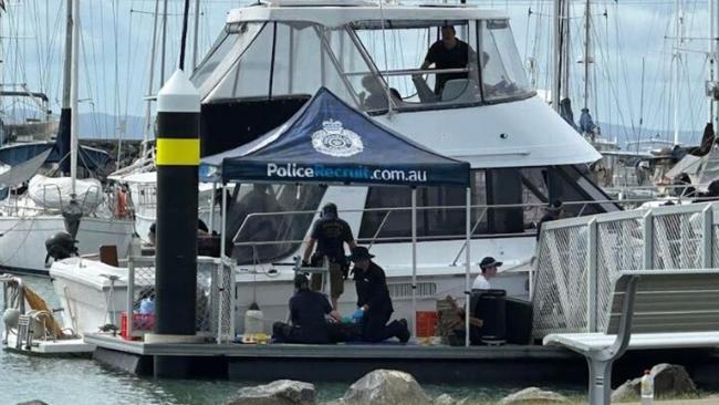 The skipper of two boats allegedly used in a billion-dollar, botched cocaine smuggling operation off K’gari before Christmas pleaded not guilty to a further charge when he faced traffic court in Hervey Bay on Wednesday. Pictured is one of the alleged boats the morning it was raided by police in Hervey Bay.