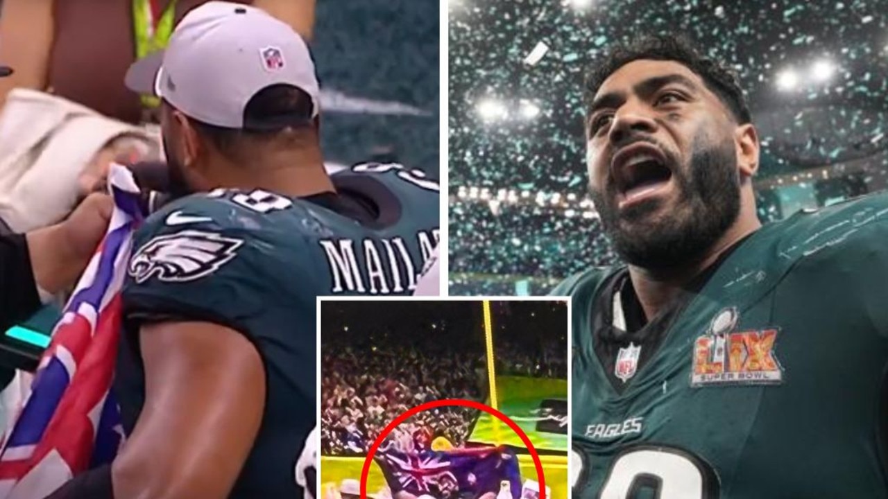 Philadelphia Eagles offensive tackle Jordan Mailata has officially become the first Aussie to play in and win a Super Bowl. Image: Kayo/Getty