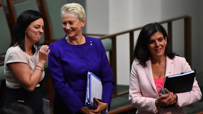 Kerryn Phelps (centre) with Lindsay MP Emma Husar and Chisholm MP Julia Banks on Monday. Picture: AAP