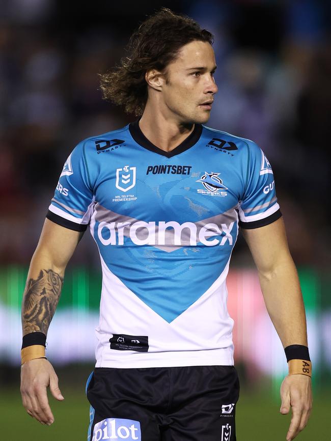 Nicho Hynes with the ‘AB’ initials on his left wrist as a salute to the injured Aaron Booth. Picture: Matt King/Getty Images