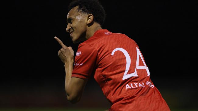 MELBOURNE, AUSTRALIA - AUGUST 27: Aamir Abdallah of Hume City celebrates kicking a goal from a corner during the 2024 Australia Cup Round of 16 match between Hume City and FC Melbourne Srbija at Hume City Stadium, on August 27, 2024 in Melbourne, Australia. (Photo by Daniel Pockett/Getty Images)