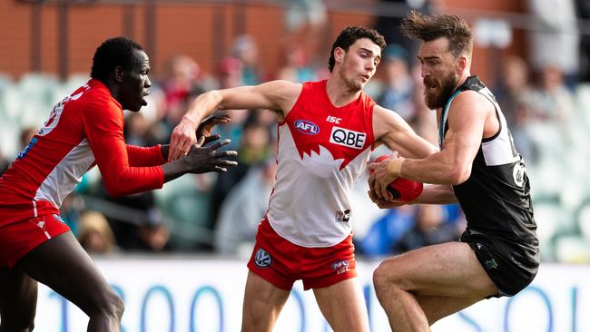 Charlie Dixon of the Power competes for the ball during the round 21 match against the Swans at Adelaide Oval. Picture: Daniel Kalisz/Getty Images