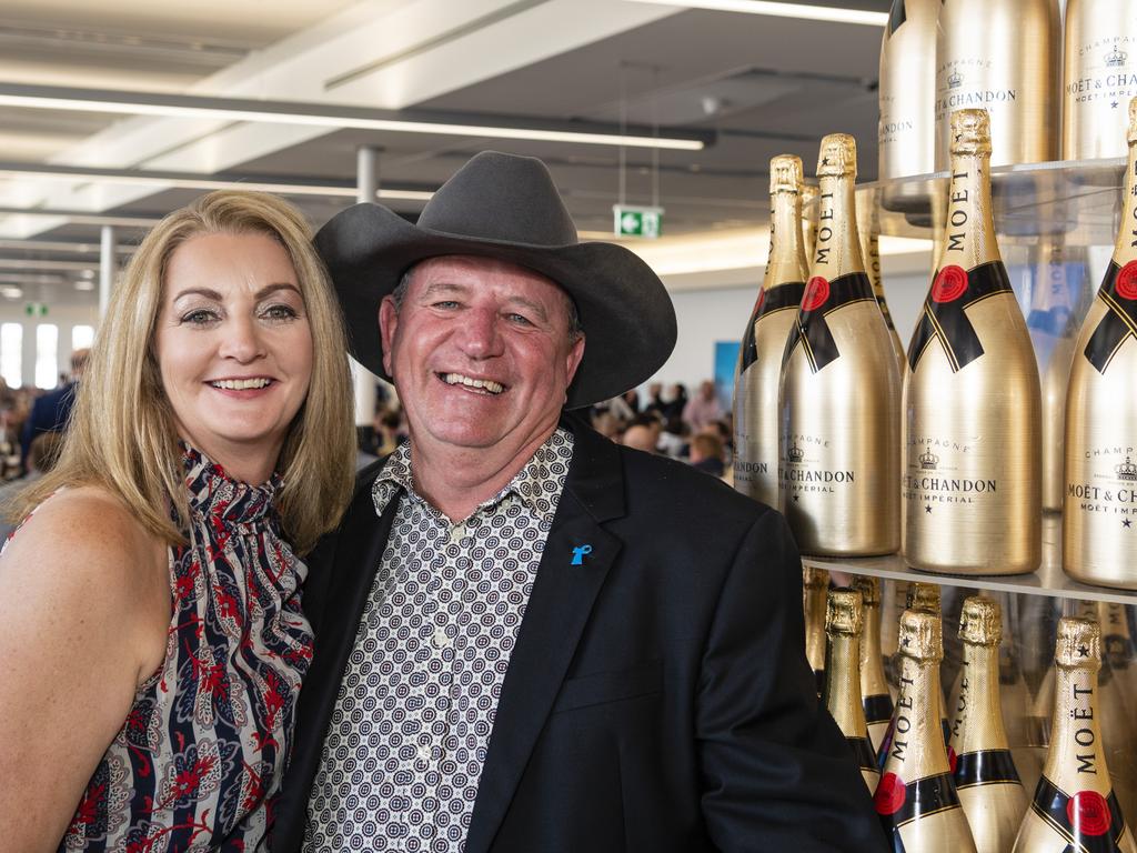 Paula McGuire with Shane McGuire (wearing country artist Luke Geiger's hat) It's a Bloke Thing 2022 at Wellcamp Airport, Friday, September 9, 2022. Picture: Kevin Farmer