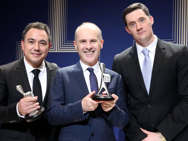Sam Pang, Tom Gleisner and Ed Kavalee pose with the Logie Award for Most Outstanding Entertainment Program ‘Have You Been Paying Attention?’ during the 59th Annual Logie Awards at Crown Palladium on April 23, 2017 in Melbourne, Australia. Picture: Scott Barbour/Getty Images