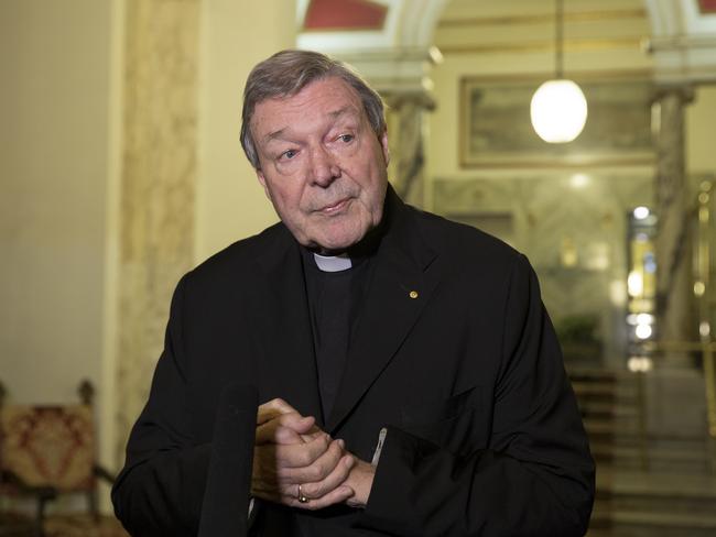 Cardinal George Pell in Rome on the FOURTH day of giving evidence to the The Royal Commission into Institutional Responses to Child Sexual Abuse.  2/3/16 Rome, Italy - Cardinal Pell speaks to the media in the lobby of Hotel Quirinale at the end of the four days hearing by the Royal Commission. Pic Ella Pellegrini