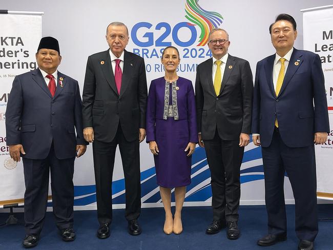 Indonesia's President Prabowo Subianto, Turkey's President Recep Tayyip Erdoğan, Mexico's President Claudia Sheinbaum, Australia's Prime Minister Anthony Albanese and South Korea's President Yoon Suk Yeol pose for a picture during a meeting of the MIKTA group on the sidelines of the G20 Summit in Rio de Janeiro. Picture: AFP