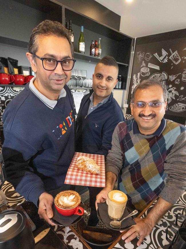 Manish Khan, Varun Mendiratta and Nitin Bhargava with Matilda’s coffee. Picture: Tony Gough