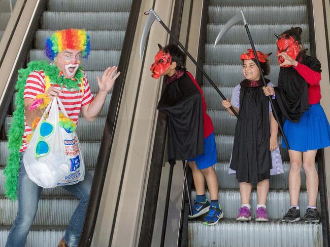 Mick Guerin says not all clowns are scary with Aariv, 6, Amber, 7, and Yasmin, 10 dressed for thrills this Halloween.