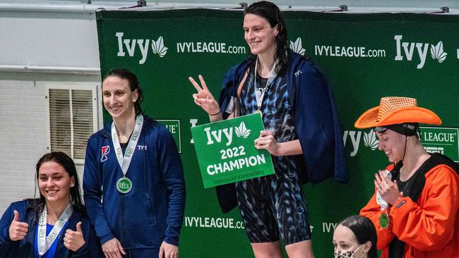 Transgender swimmer Lia Thomas celebrates taking first place in the 500 yard freestyle during the Women's Ivy League Swimming &amp; Diving Championships in March. Picture: AFP