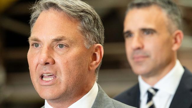 ADELAIDE/ KAURNA YARTA, AUSTRALIA - NewsWire Photos NOVEMBER 10, 2023: Acting Prime Minister Richard Marles and Premier of South Australia Peter Malinauskas at Osborne shipyard for a press conference about a land agreement to build AustraliaÃ¢â¬â¢s nuclear powered submarines. Picture: NCA NewsWire / Morgan Sette