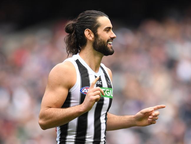 MELBOURNE, AUSTRALIA - MAY 11: Brodie Grundy of the Magpies celebrates kicking a goal during the round eight AFL match between the Carlton Blues and the Collingwood Magpies at Melbourne Cricket Ground on May 11, 2019 in Melbourne, Australia. (Photo by Quinn Rooney/Getty Images)