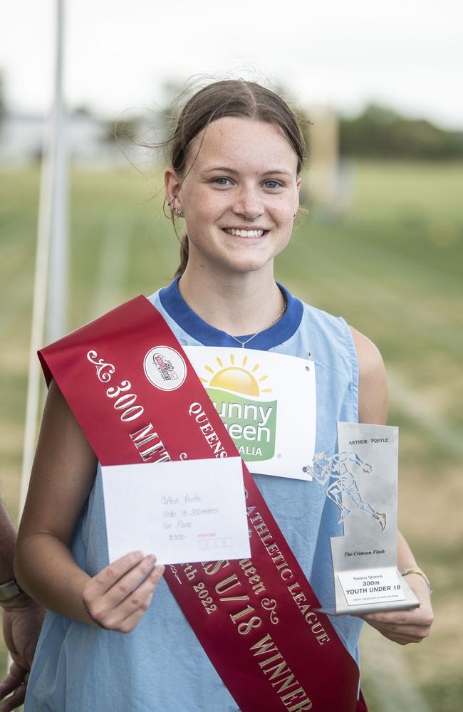 Adelaide Bailey wins the 300m final. Postle Gift in Pittsworth. Saturday, December 10, 2022. Picture: Nev Madsen.