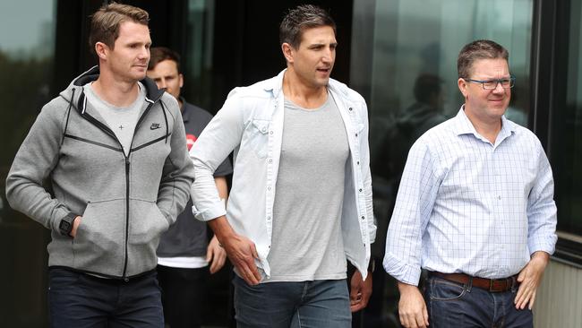 (from left) AFLPA board member Patrick Dangerfield, AFLPA president Matthew Pavlich and CEO Paul Marsh are leading the CBA negotiations with the AFL. Picture: Alison Wynd