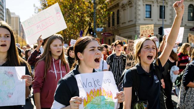 Protesters marching down King William Road for the Adelaide School Strike 4 Climate Protest. Picture: NCA NewsWire / Morgan Sette