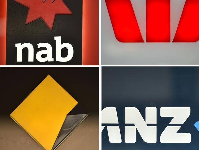 This combination of photos taken in Sydney on November 30, 2017 show the signs of the "big four" Australian banks (clockwise from top L) National Australia Bank (NAB, Westpac, ANZ and Commonwealth Bank. A wide-ranging inquiry into the Australian finance industry will be held after an admission by the country's top lenders on November 30 that it was needed to restore faith in the massively profitable banking sector after a string of scandals. / AFP PHOTO / PETER PARKS