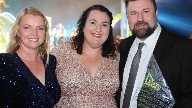Jennine Tax, Anna Bell and Luke Bell at the Gold Coast Business Excellence Awards 2024 Gala for Gold Coast at Large. Picture, Portia Large.