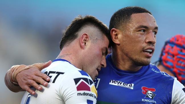 The Knights will turn their attention to re-signing Bradman Best (left) after Tyson Frizell (right) recommitted his future to Newcastle. Picture: Getty Images.