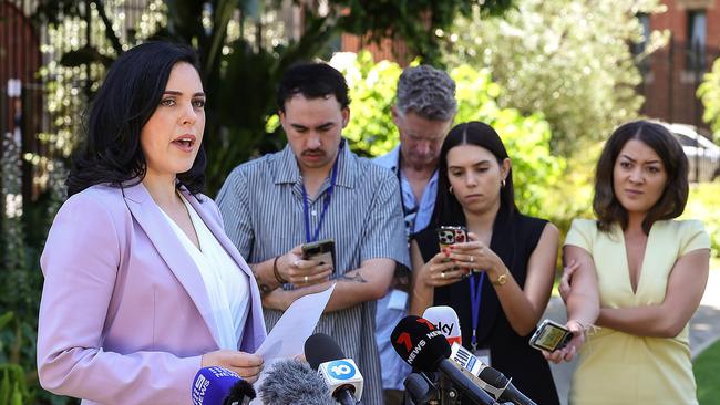 Moira Deeming holds a press conference in the gardens of Parliament House after her defamation win against John Pesutto. Picture: Ian Currie