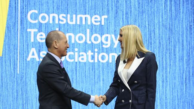 Ivanka Trump shakes hands with Gary Shapiro, CEO of the Consumer Technology Association, after an interview during the CES tech show. Picture: AP