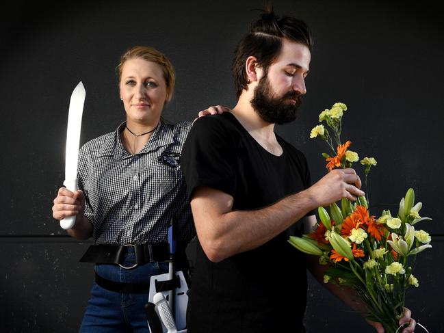 OR TAFE LIFTOUT: Gender contrast: Butcher Amber Hamann (apprentice butcher) 0434 041 949 and Florist Jake Chaplin (Cert III Floristry) 0415 030 205. Picture: Tricia Watkinson