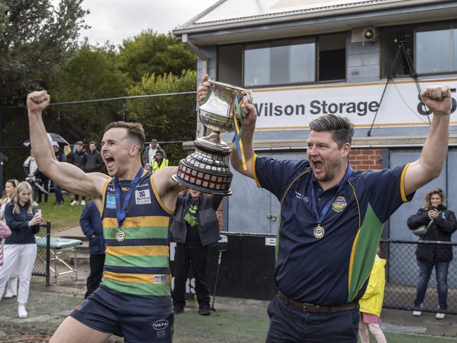 VAFA Premier Men's Grand Final - St Kevin's Old Brighton played at Trevor Barker Oval. St Kevins OB players celebrate their victory.  Picture: Valeriu Campan