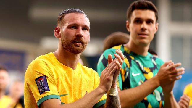 DOHA, QATAR - JANUARY 28: Martin Boyle of Australia applauds the fans at full-time following the teams victory in the AFC Asian Cup Round of 16 match between Australia and Indonesia at Jassim Bin Hamad Stadium on January 28, 2024 in Doha, Qatar. (Photo by Robert Cianflone/Getty Images)