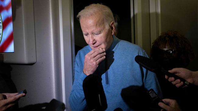 US President Joe Biden speaks to the press aboard Air Force One. The White House argues the age debate ignores his record. Picture: Brendan Smialowski/AFP