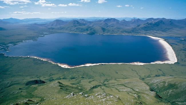 An iconic image of Lake Pedder from the Frankland Range before flooding. Picture: Les Southwell