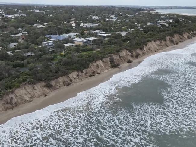 The large impact the coastal erosion has had across Inverloch's Surf Beach, putting nearby homes at risk of caving in. Picture: Supplied