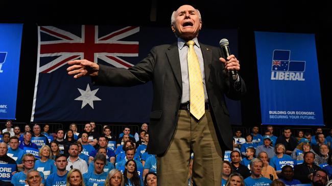 Former prime minister John Howard at a campaign rally at Sydney Olympic Park in Sydney. Picture: AAP 