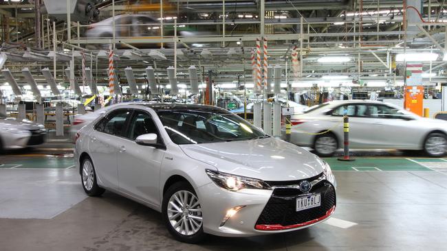 A commemorative Toyota Camry hybrid leaves the assembly line. Picture: Joshua Dowling.