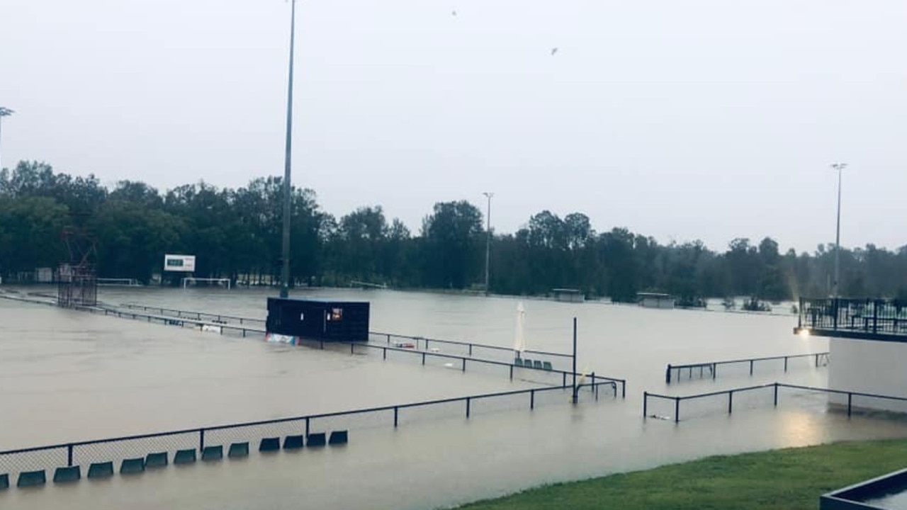 Flooding at the Gold Coast Knights Football Club grounds at Carrara. Picture: Rachel Hancock