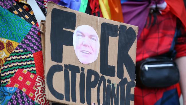 A sign showing Brian Mulheran, principle of Citipointe Christian College is held at a rally against the Religious Discrimination Bill on February 4. Picture: Getty