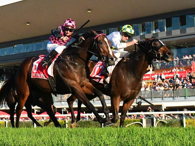 Champion jockey James McDonald on Sunshine In Paris edges out local hero Rothfire in a thrilling Group 1 Doomben 10,000. Picture: Grant Peters-Trackside Photography.