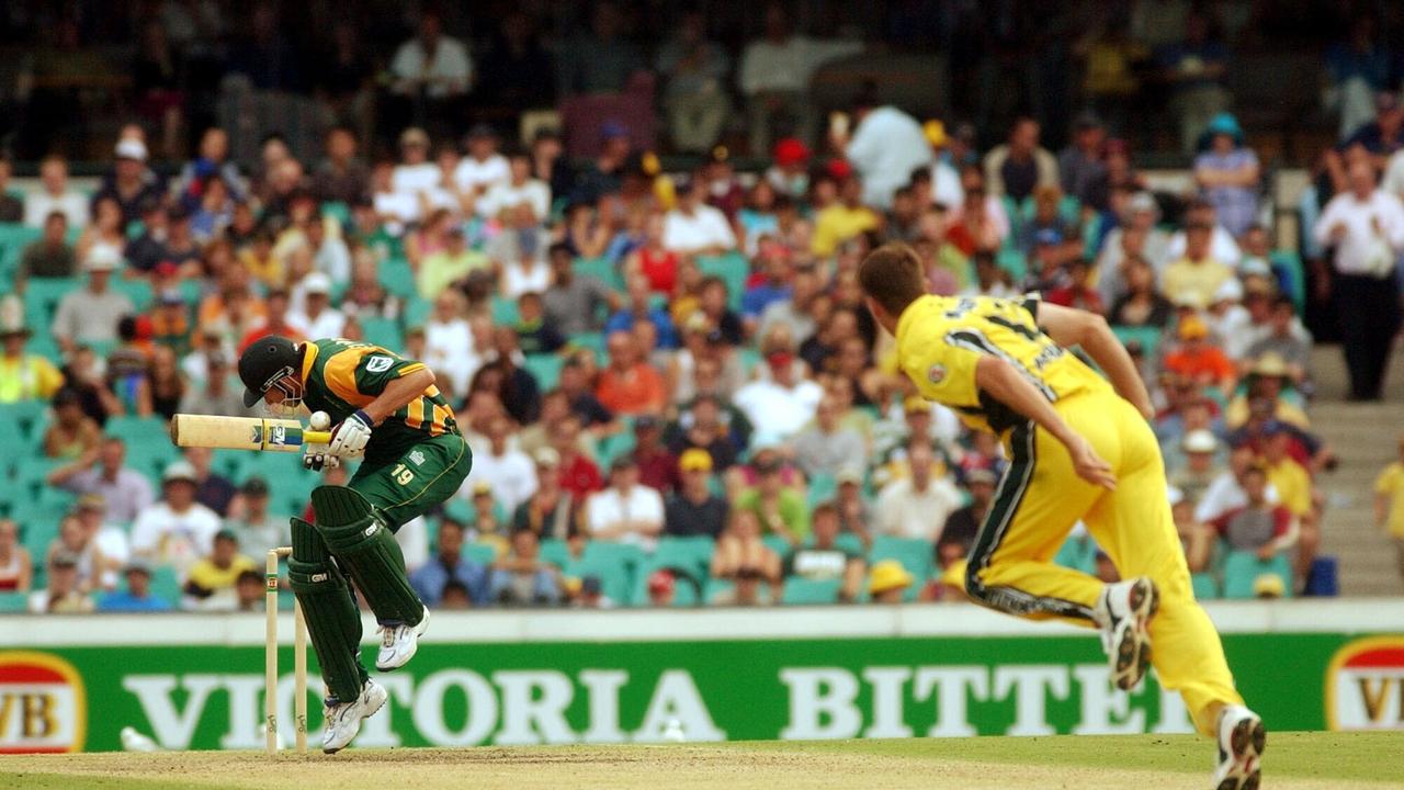 Glenn McGrath has South Africa’s Steve Elworthy ducking for cover.