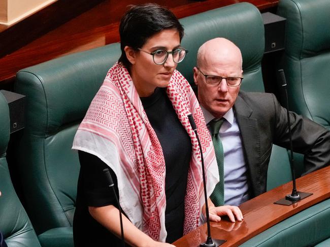 Greens MP Gabrielle de Vietri wearing a keffiyeh in parliament. Picture: Asanka Ratnayake