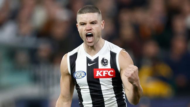 MELBOURNE, AUSTRALIA - MAY 03: Debutant, Lachlan Sullivan of the Magpies celebrates his first league goal during the 2024 AFL Round 08 match between the Carlton Blues and the Collingwood Magpies at The Melbourne Cricket Ground on May 03, 2024 in Melbourne, Australia. (Photo by Michael Willson/AFL Photos via Getty Images)