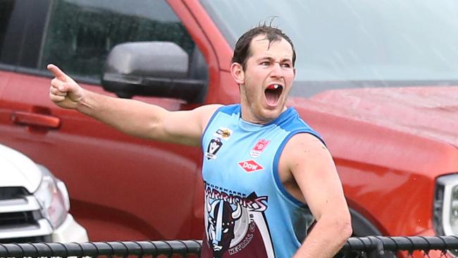 Modewarre's Connor Joseph celebrates a six-pointer against Anglesea. Picture: Alan Barber