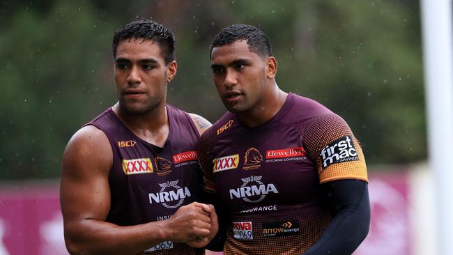 Joe Ofahengaue and Tevita Pangai Junior together after the Brisbane Broncos train at Clive Berghofer field, Red Hill. Pics Adam Head