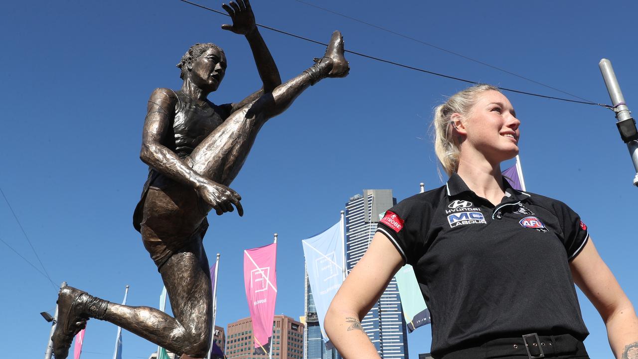 AFLW star Tayla Harris at the unveiling of a prototype statue on Federation Square.