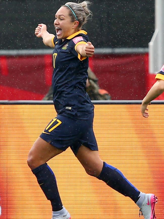 Australia’s Kyah Simon celebrates her goal against Brazil during the FIFA Women's World Cup 2015. Picture: Getty Images