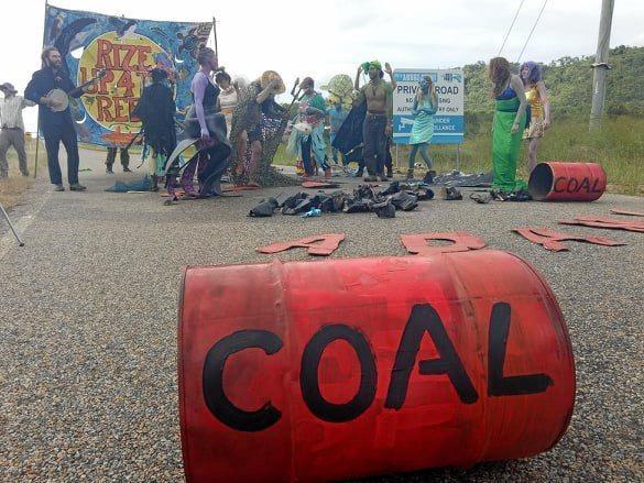 Protesters dressed as dead fish and Ursula from The Little Mermaid on the Abbot Point Coal Terminal access road.