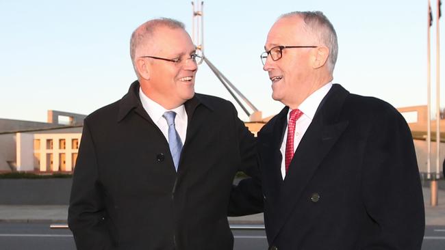 Scott Morrison and Malcolm Turnbull at Parliament House this morning. Picture: Kym Smith.