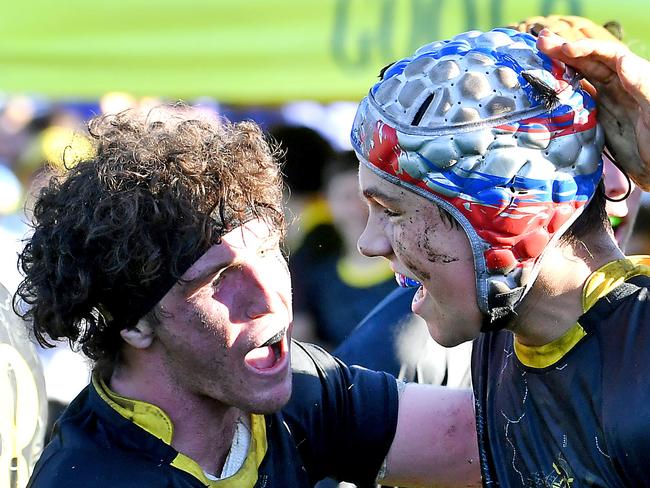 St Laurence players celebrate a tryAIC First XV rugby match between Villanova College and St Laurence's College.Saturday May 28, 2022. Picture, John Gass