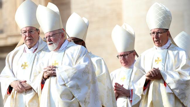 Cardinal George Pell (L), Archbishop of Boston Cardinal Sean Patrick O'Malley (C) and Former archbishop of Los Angeles cardinal Roger Mahony (R) attend the closing of the Jubilee of Mercy in St Peter's Square. Picture: Getty Images.