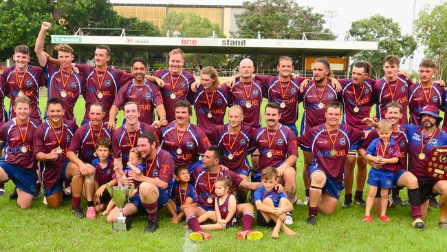 Swampdogs celebrating their 17-15 NTRU B-grade Grand Final victory over the Casuarina Cougars. Picture: Darcy Jennings.