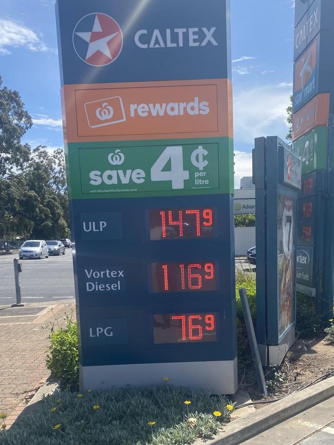 Petrol prices are fluctuating across Adelaide this morning, with a variance of 50c/L. Caltex on Cross Rd at Cumberland Park. Picture: Dixie Sulda