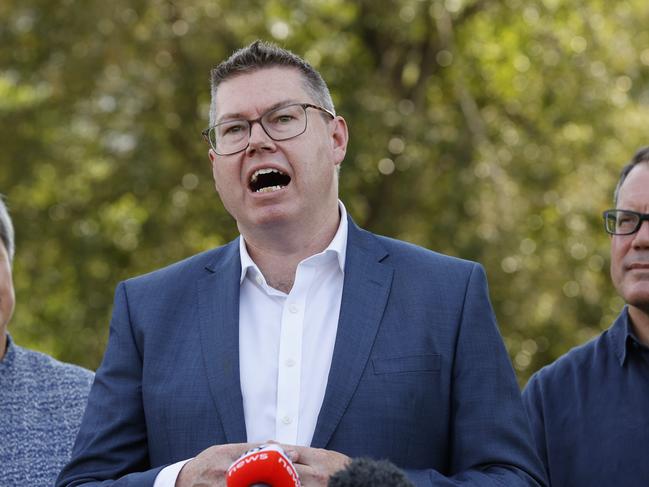 FEDERAL ELECTION TEAM 2022. LABOR BUS TOUR 26/4/2022 - Pictured in Darwin this morning is Shadow Minister for International Development and the Pacific Pat Conroy speaking during a press conference with Shadow Minister for Foreign Affairs Penny Wong, Shadow Minister for Defence Brendan O'Connor, and Local Member for Solomon Luke Gosling. Picture: Tim Hunter.