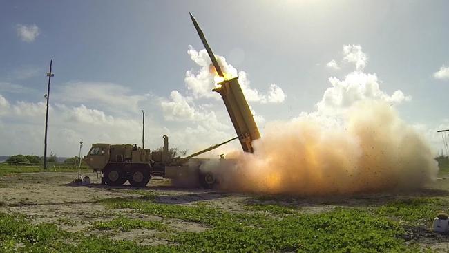 A terminal High Altitude Area Defence (THAAD) interceptor launches from a THAAD battery located on Wake Island in the Pacific Ocean. Picture: AFP.